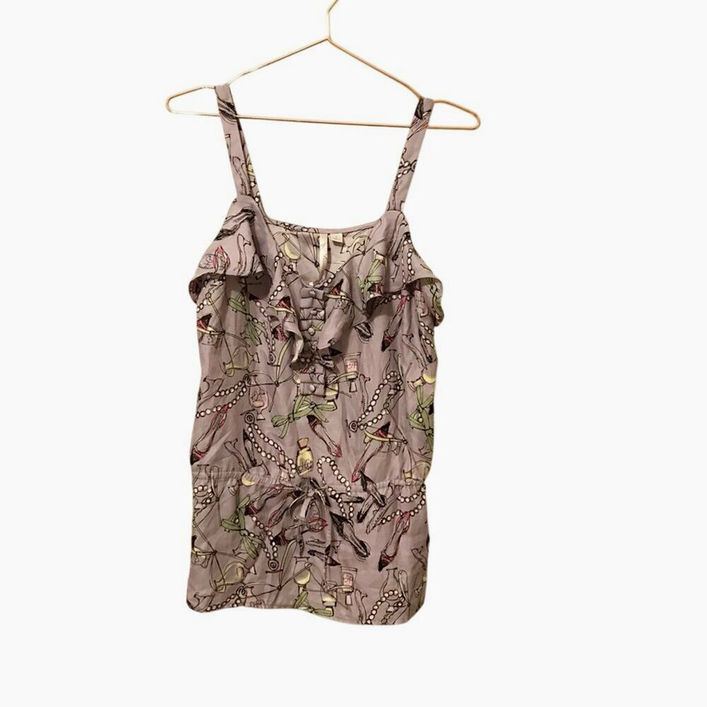 LC Lauren Conrad Blue Ruffled Printed Camisole Tank Shoes, Pearl Print Small